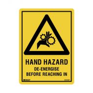 833287 Small Stick On Labels - Hand Hazard De-Energise Before Reaching In 