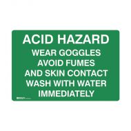 838611 Emergency Information Sign - Acid Hazard Wear Goggles Avoid Fumes And Skin Contact Wash With 