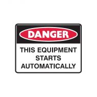 840462 Small Stick On Labels - Danger This Equipment Starts Automatically 