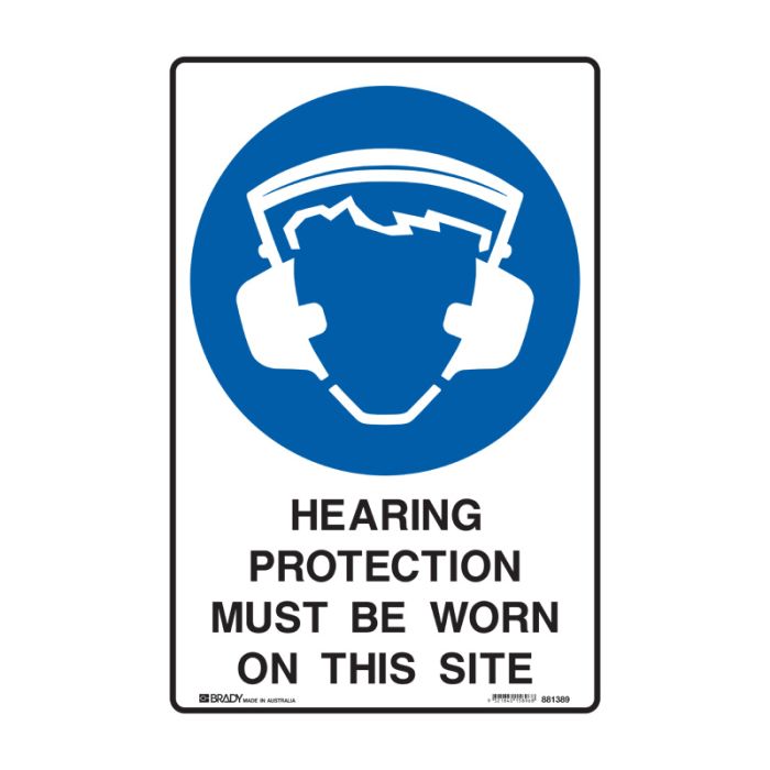 Building Construction Signs - Hearing Protection Must Be Worn On This Site, 300mm (W) x 450mm (H), Self-Adhesive Polypropylene