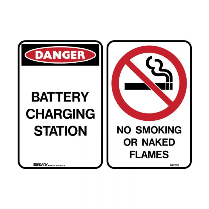 842865 Multiple Message Sign - Batteries Charging No Smoking Or Naked Flames 