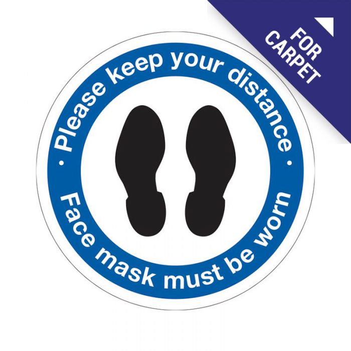 Carpet Floor Marking Sign - Please Keep Your Distance, Face Mask Must Be Worn, 300mm