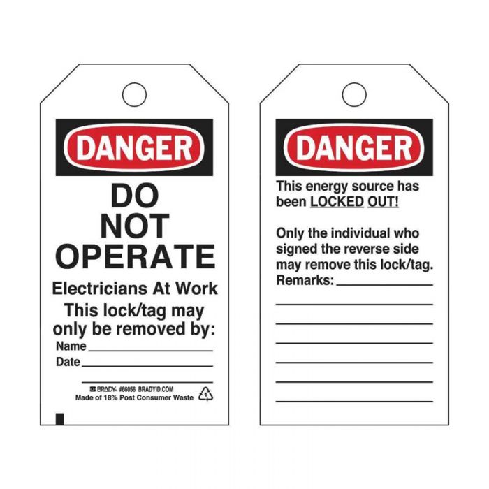 PF66074 Brady Lockout Tags - Do Not Operate Electricians At Work