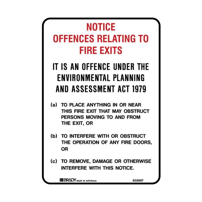 PF845890 Fire Equipment Sign - Notice Offences Relating To Fire Exits 