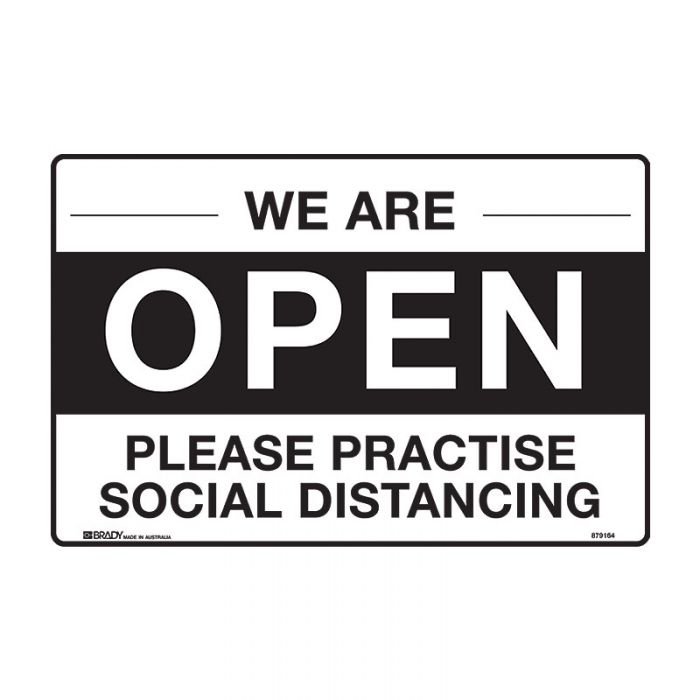 We Are Open Please Practise Social Distancing Sign, 450 x 300mm FLU