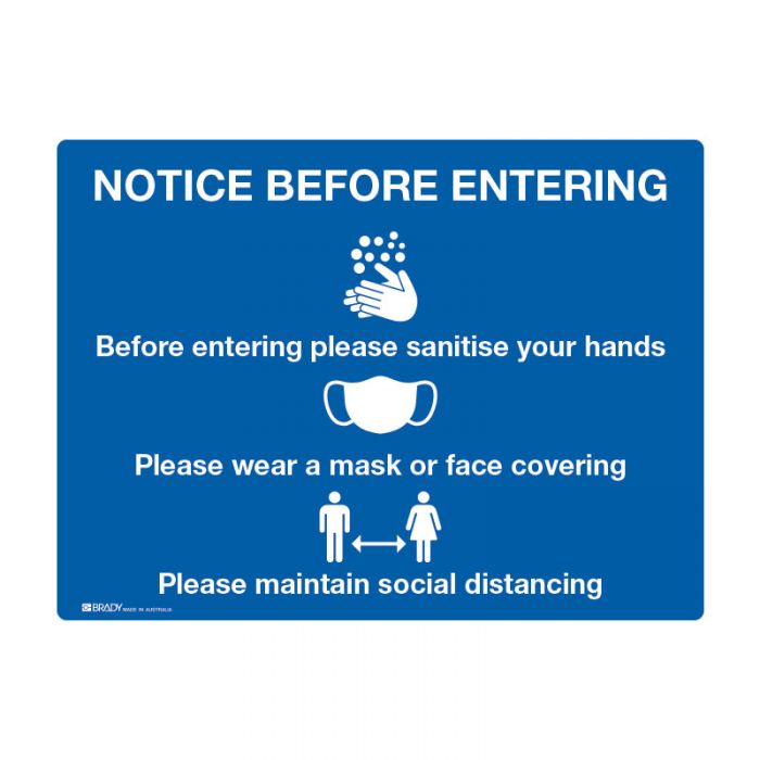 Notice Before Entering Sign - Sanitise, Mask, Social Distancing 450X300 FLU