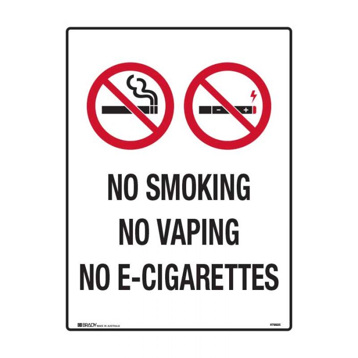 Prohibition Sign - No Smoking, No Vaping, No E-Cigarettes, 600mm x 450mm, Metal