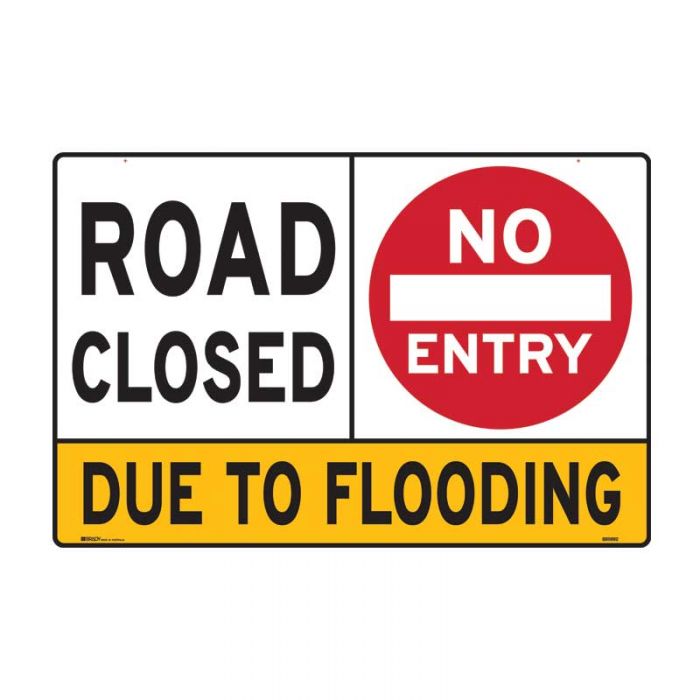 Multi-Message Road Closed No Entry Due to Flooding Sign, 900 x 600mm, Class 1 Reflective Metal