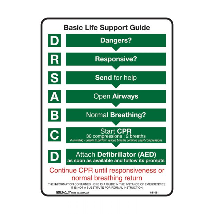 Basic Life Support DRSABCD Guide Sign, 225mm (W) x 300mm (H), Polypropylene