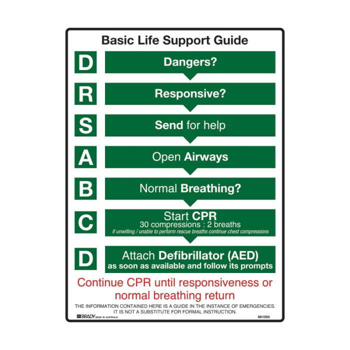 Basic Life Support DRSABCD Guide Sign, 450mm (W) x 600mm (H), Polypropylene