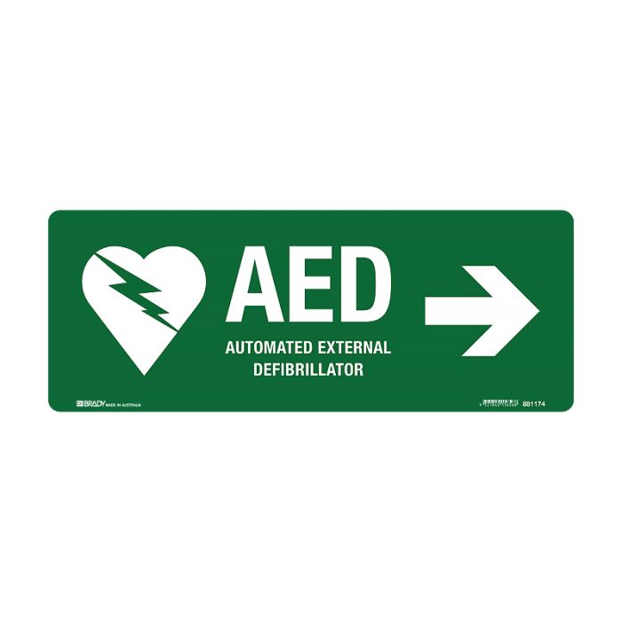 First Aid Sign - AED Defibrillator Sign with Right Pointing Arrow, 450mm (W) x 180mm (H), Polypropylene